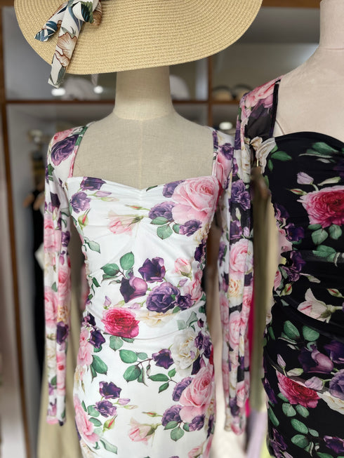 Mesh Floral Print Square Neckline Side Runched Mini Dresses